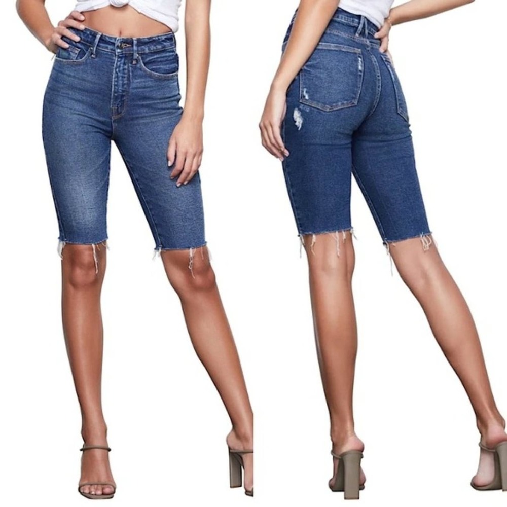 Good American Cut Off Distressed Denim Bermuda Shorts